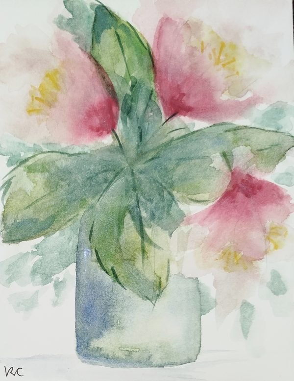 Pink flowers in a blue vase